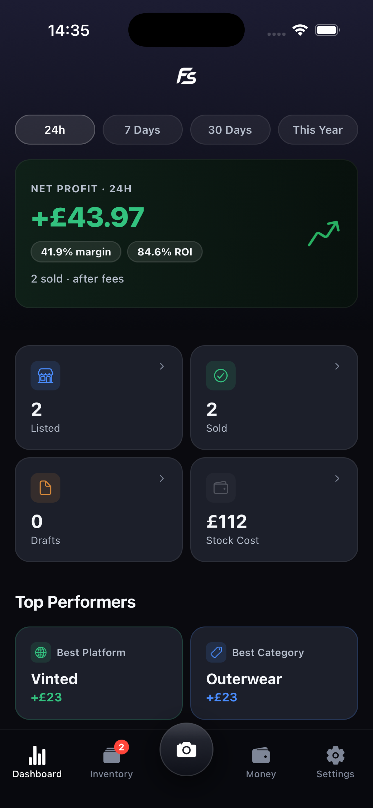 FlipStack dashboard showing recent flips and inventory